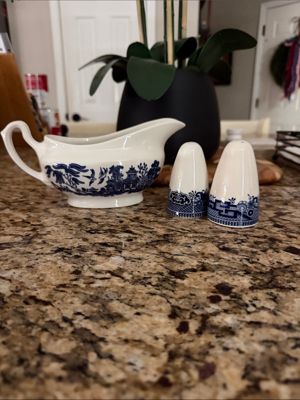 Vintage Churchill blue Willow Ceramic Gravy Boat, Salt & Pepper Shaker set